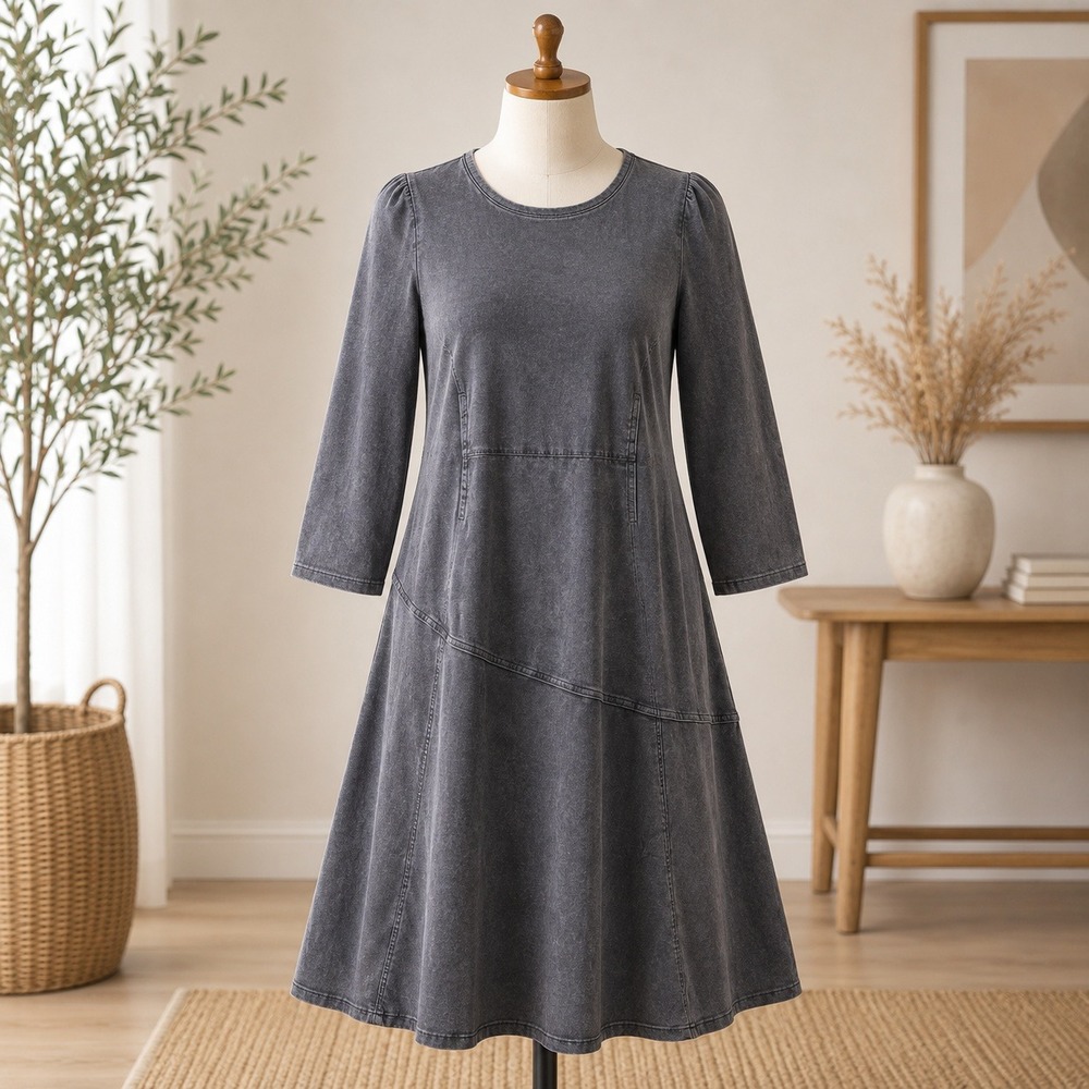 NWT Peace Love World Denim Dress Womens XL Gray Puff Sleeve Tiered Midi